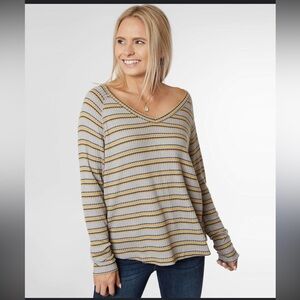 BKE Women's Long Sleeve Top - Gray and Yellow Stripes
